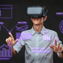 Teenager dressed in a white t-shirt using virtual reality glasses with graph charts, numbers, lines. Technology concept.